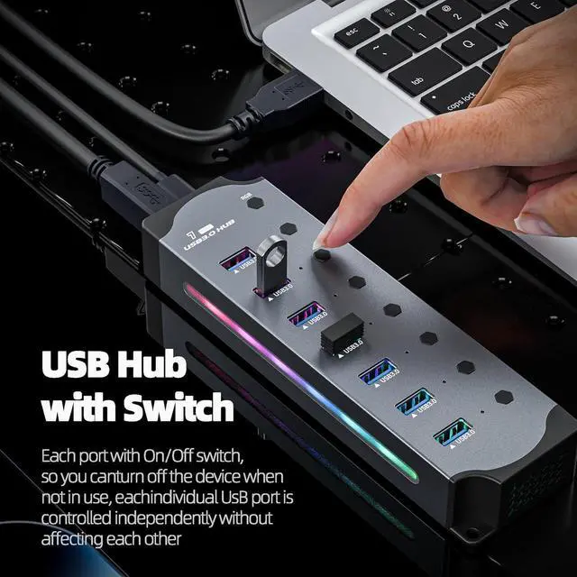 Alt view image 4 of 7 - USB 3.0 USB Hub, 7-Ports USB 3.0 RGB Hub with 14 Color RGB LED Strip, Three Dynamic Modes, Independent Button Switches, Aluminum Gaming USB Hub 3.0 for PC and Laptops giyqxHw