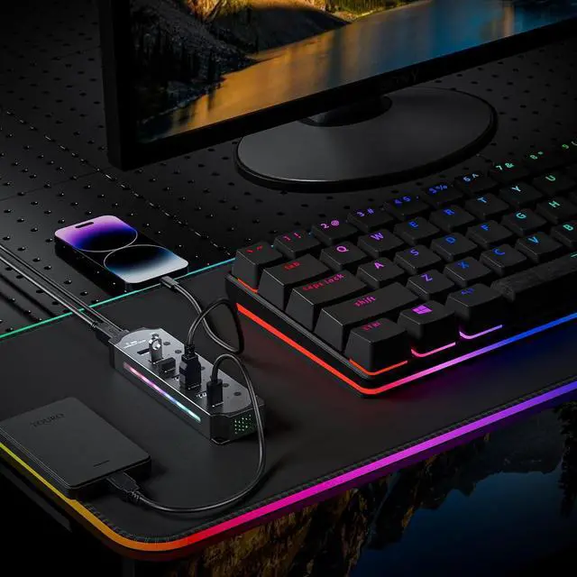 Alt view image 6 of 7 - USB 3.0 USB Hub, 7-Ports USB 3.0 RGB Hub with 14 Color RGB LED Strip, Three Dynamic Modes, Independent Button Switches, Aluminum Gaming USB Hub 3.0 for PC and Laptops giyqxHw