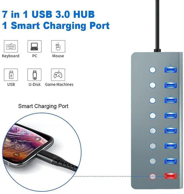Alt view image 4 of 7 - Powered USB 3.0 Hub, 7-Port USB Hub USB3.0 Powered | 1 Smart Charging Port | Multi USB Port Expander with Individual On/Off Switches and 5V/3A Power Adapter for Laptop,PC,Mac,MacBook Pro,PS4,TV