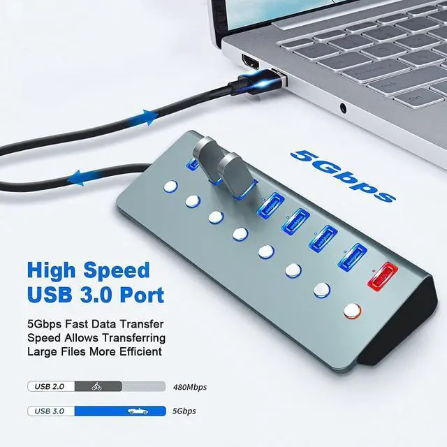 Alt view image 2 of 7 - Powered USB 3.0 Hub, 7-Port USB Hub USB3.0 Powered | 1 Smart Charging Port | Multi USB Port Expander with Individual On/Off Switches and 5V/3A Power Adapter for Laptop,PC,Mac,MacBook Pro,PS4,TV