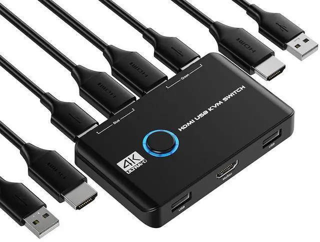Main image of 2 Port HDMI KVM Switch, 4K@60Hz KVM Switch 1 Monitors 2 Computers, HDMI KVM Switches for 2 Computers Sharing 1 Monitor and Keyboard Mouse, Button Switch, Plug and Play, 2 HD-MI Cables and 2 USB Cables