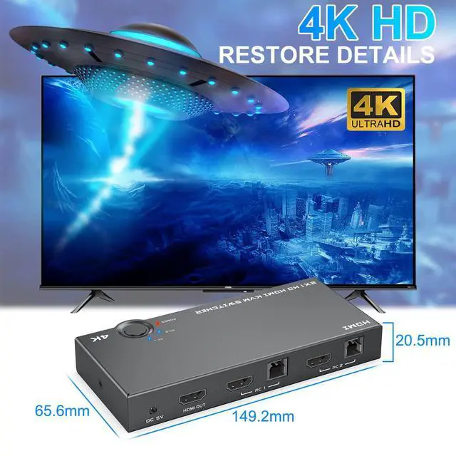 Alt view image 5 of 7 - WRIARICH 4K @60Hz HDMI KVM Switch 2 Port Box USB and HDMI Switches Share 2 Computers with one Keyboard Mouse and one HD Monitor, HDMI KVM Switch Support Hotkey Switch and One Button Swapping