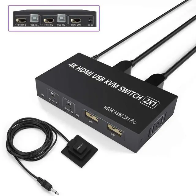 Main image of 2 Port HDMI KVM Switch, 2 in 1 USB HDMI Switch Sharing Keyboard Mouse Printer Monitor, Camera Support 4K@30Hz for PC,Laptop,Xbox,HDTV, with 2x USB Cable, 1x Switch Controller,1 x 5V DC Power Cable