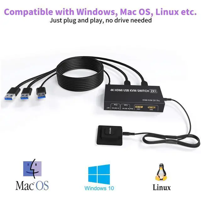 Alt view image 4 of 7 - 2 Port HDMI KVM Switch, 2 in 1 USB HDMI Switch Sharing Keyboard Mouse Printer Monitor, Camera Support 4K@30Hz for PC,Laptop,Xbox,HDTV, with 2x USB Cable, 1x Switch Controller,1 x 5V DC Power Cable