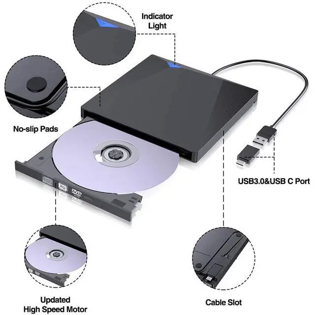 Alt view image 6 of 7 - WRIARICH External CD DVD Drive, USB 3.0 Type-C Portable CD/Dvd +/-Rw Drive Slim Dvd/CD Rom Superdrive Rewriter Burner Player for Laptop Macbook Windows XP/Win 7/Win 8/Win 10/Vista/Linux/Mac OS (Black)