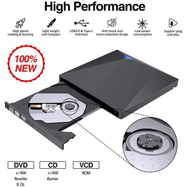 Alt view image 3 of 7 - WRIARICH External CD DVD Drive, USB 3.0 Type-C Portable CD/Dvd +/-Rw Drive Slim Dvd/CD Rom Superdrive Rewriter Burner Player for Laptop Macbook Windows XP/Win 7/Win 8/Win 10/Vista/Linux/Mac OS (Black)