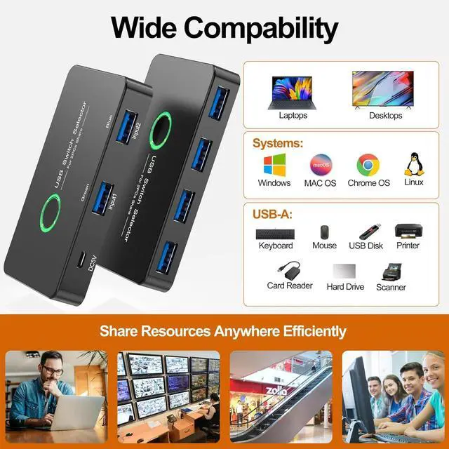 Alt view image 7 of 7 - USB 3.0 Switch 2 in 4 Out, USB Switcher 2 Computers Share 4 USB 3.0 Port KVM Switches Hub One-Button USB KVM Switch Selector for Keyboard Mouse Printer PC Scanner Compatible with Mac Windows Linux