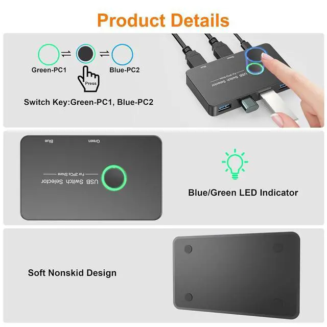 Alt view image 5 of 7 - USB 3.0 Switch 2 in 4 Out, USB Switcher 2 Computers Share 4 USB 3.0 Port KVM Switches Hub One-Button USB KVM Switch Selector for Keyboard Mouse Printer PC Scanner Compatible with Mac Windows Linux