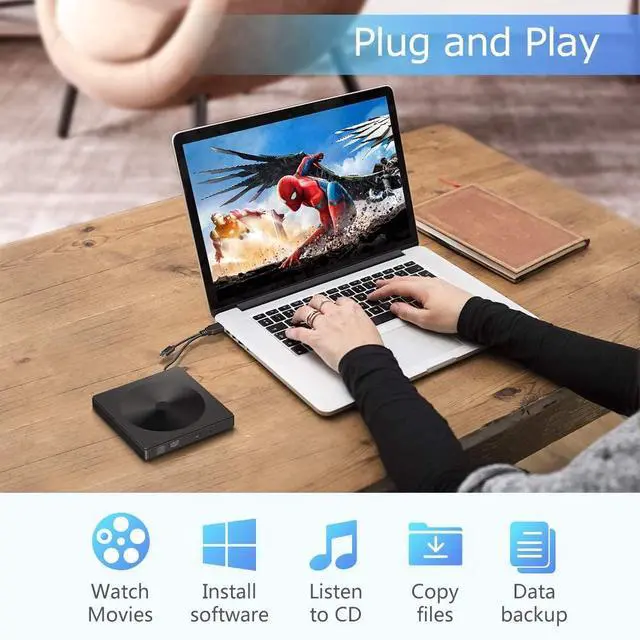 Alt view image 2 of 7 - WRIARICH External CD DVD drive, USB 3.0 type C dual port slim CD RW / VCD RW burner and reader Low-noise, high-speed data transfer Super drive for MacBook, laptop, desktop, Win 7/8/10 / XP