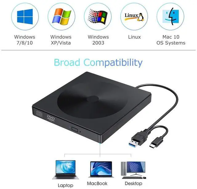 Alt view image 5 of 7 - WRIARICH External CD DVD drive, USB 3.0 type C dual port slim CD RW / VCD RW burner and reader Low-noise, high-speed data transfer Super drive for MacBook, laptop, desktop, Win 7/8/10 / XP