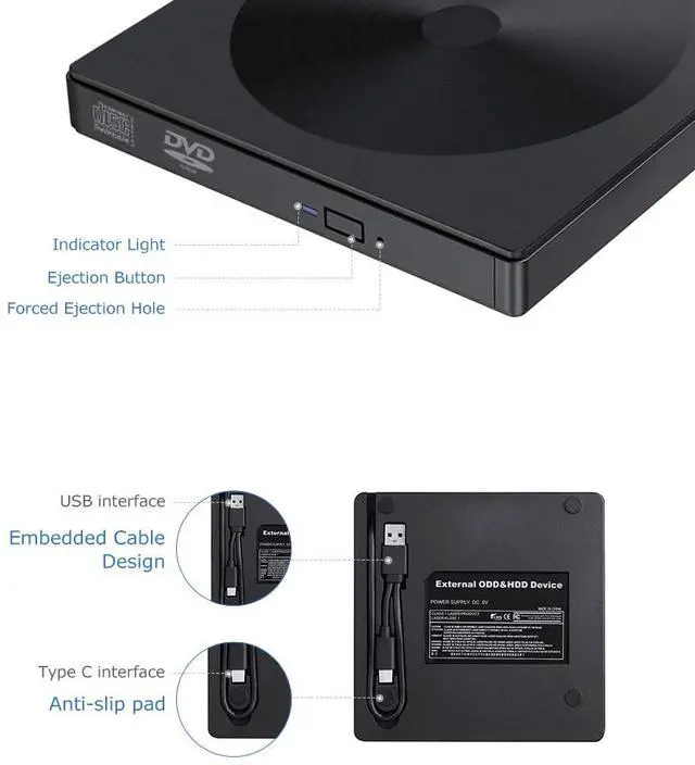 Alt view image 6 of 7 - WRIARICH External CD DVD drive, USB 3.0 type C dual port slim CD RW / VCD RW burner and reader Low-noise, high-speed data transfer Super drive for MacBook, laptop, desktop, Win 7/8/10 / XP