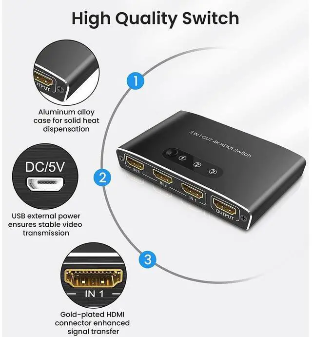 Alt view image 5 of 5 - 3 Port HDMI Switch 3 in 1 Out 4K UHD HDMI Switcher Splitter, Automatic Switch with Remote Metal HDMI Switch Box Hub Support 4K 30Hz 3D 1080P HDCP1.4 for PS5/4Xbox DVD Player Fire Stick A-p-p-l-e TV PC