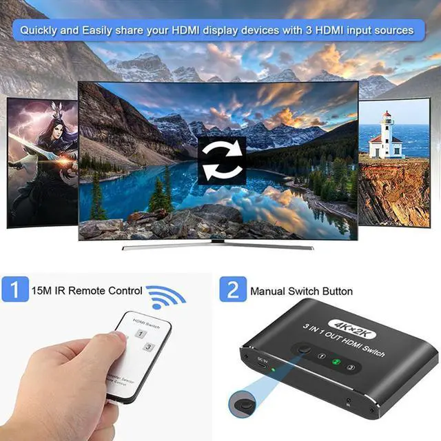 Alt view image 3 of 5 - 3 Port HDMI Switch 3 in 1 Out 4K UHD HDMI Switcher Splitter, Automatic Switch with Remote Metal HDMI Switch Box Hub Support 4K 30Hz 3D 1080P HDCP1.4 for PS5/4Xbox DVD Player Fire Stick A-p-p-l-e TV PC