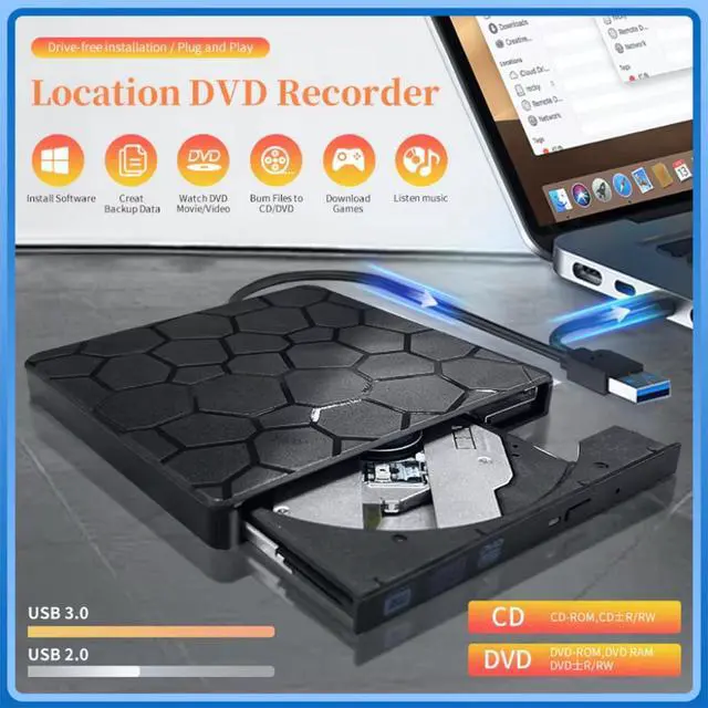 Alt view image 2 of 7 - External CD DVD Drive for Laptops, USB 3.0 Type-C Portable CD/DVD Player External CD DVD Burner Reader Writer Recorder, External Optical DVD Drive for Laptop Windows 11/10/8/7 Mac MacBook Linux PC