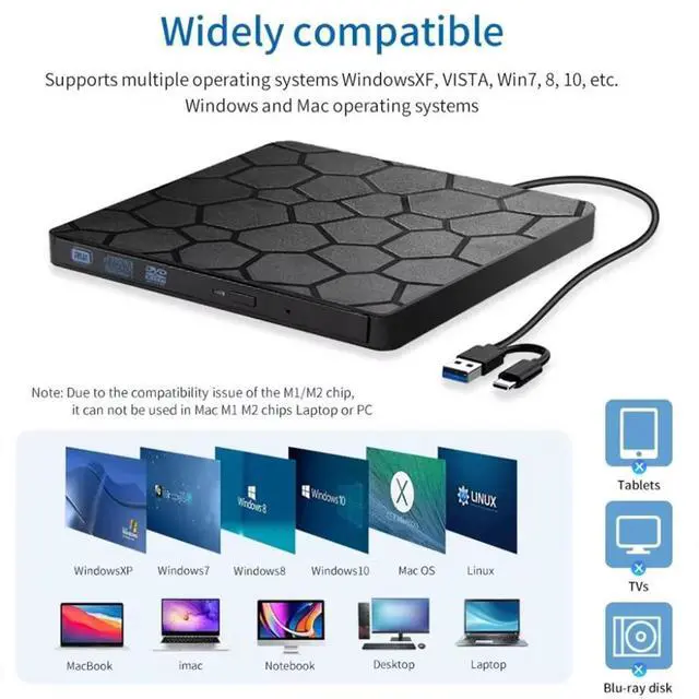 Alt view image 5 of 7 - External CD DVD Drive for Laptops, USB 3.0 Type-C Portable CD/DVD Player External CD DVD Burner Reader Writer Recorder, External Optical DVD Drive for Laptop Windows 11/10/8/7 Mac MacBook Linux PC