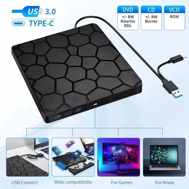 Alt view image 3 of 7 - External CD DVD Drive for Laptops, USB 3.0 Type-C Portable CD/DVD Player External CD DVD Burner Reader Writer Recorder, External Optical DVD Drive for Laptop Windows 11/10/8/7 Mac MacBook Linux PC