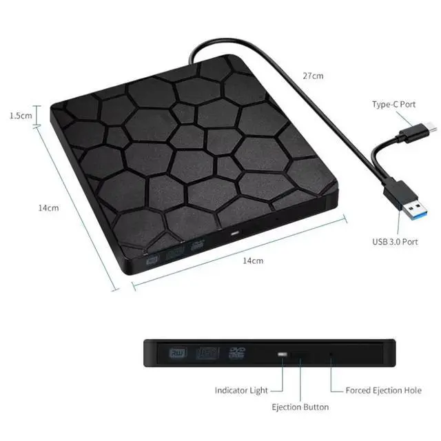Alt view image 7 of 7 - External CD DVD Drive for Laptops, USB 3.0 Type-C Portable CD/DVD Player External CD DVD Burner Reader Writer Recorder, External Optical DVD Drive for Laptop Windows 11/10/8/7 Mac MacBook Linux PC
