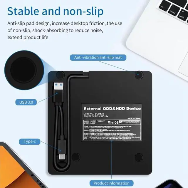 Alt view image 4 of 7 - External CD DVD Drive for Laptops, USB 3.0 Type-C Portable CD/DVD Player External CD DVD Burner Reader Writer Recorder, External Optical DVD Drive for Laptop Windows 11/10/8/7 Mac MacBook Linux PC