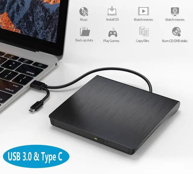 Main image of External CD/DVD Drive,High-Speed USB 3.0 & Type-C External DVD Drive, Slim Portable Burner Writer Player Reader,CD DVD +/-RW Optical Disk Driver Compatible with Laptop Desktop PC Windows Linux Mac
