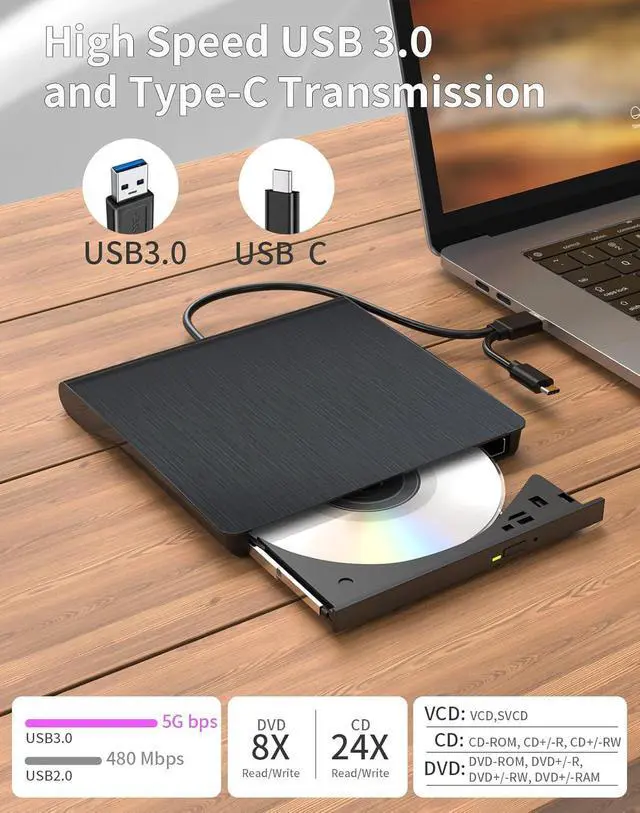 Alt view image 3 of 7 - External CD/DVD Drive,High-Speed USB 3.0 & Type-C External DVD Drive, Slim Portable Burner Writer Player Reader,CD DVD +/-RW Optical Disk Driver Compatible with Laptop Desktop PC Windows Linux Mac