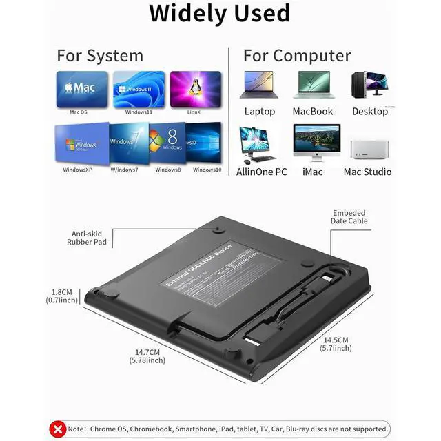 Alt view image 5 of 7 - External CD/DVD Drive,High-Speed USB 3.0 & Type-C External DVD Drive, Slim Portable Burner Writer Player Reader,CD DVD +/-RW Optical Disk Driver Compatible with Laptop Desktop PC Windows Linux Mac