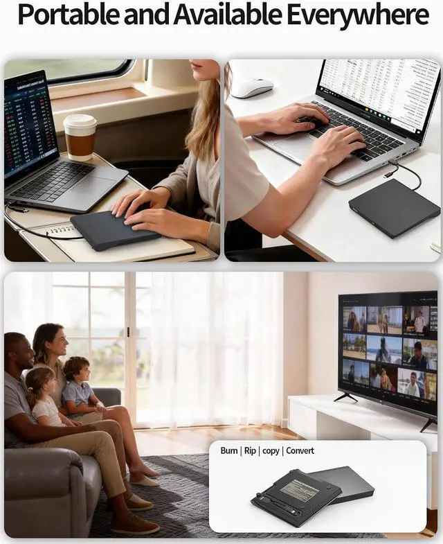 Alt view image 7 of 7 - External CD/DVD Drive,High-Speed USB 3.0 & Type-C External DVD Drive, Slim Portable Burner Writer Player Reader,CD DVD +/-RW Optical Disk Driver Compatible with Laptop Desktop PC Windows Linux Mac