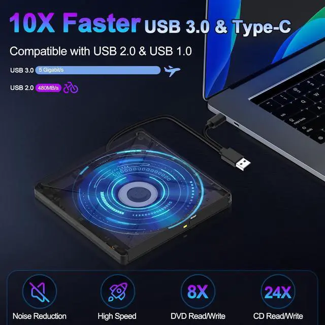 Alt view image 2 of 7 - External CD DVD Drive for Laptop, USB 3.0 &Type-C Portable Slim CD/DVD +/-RW Burner, DVD/CD ROM Rewriter Low Noise Optical External Disk Drive for Desktop PC Windows 11/10/8/7/XP/Vista/Linux, Mac