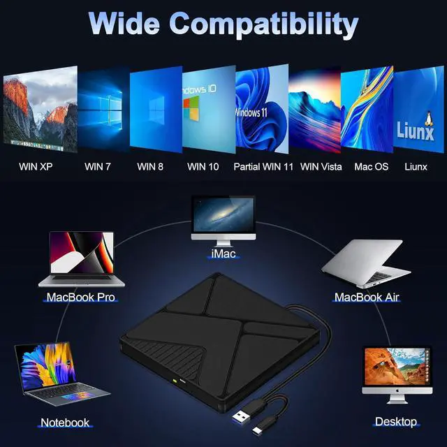 Alt view image 3 of 7 - External CD DVD Drive for Laptop, USB 3.0 &Type-C Portable Slim CD/DVD +/-RW Burner, DVD/CD ROM Rewriter Low Noise Optical External Disk Drive for Desktop PC Windows 11/10/8/7/XP/Vista/Linux, Mac