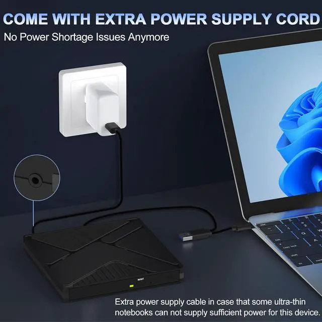 Alt view image 6 of 7 - External CD DVD Drive for Laptop, USB 3.0 &Type-C Portable Slim CD/DVD +/-RW Burner, DVD/CD ROM Rewriter Low Noise Optical External Disk Drive for Desktop PC Windows 11/10/8/7/XP/Vista/Linux, Mac