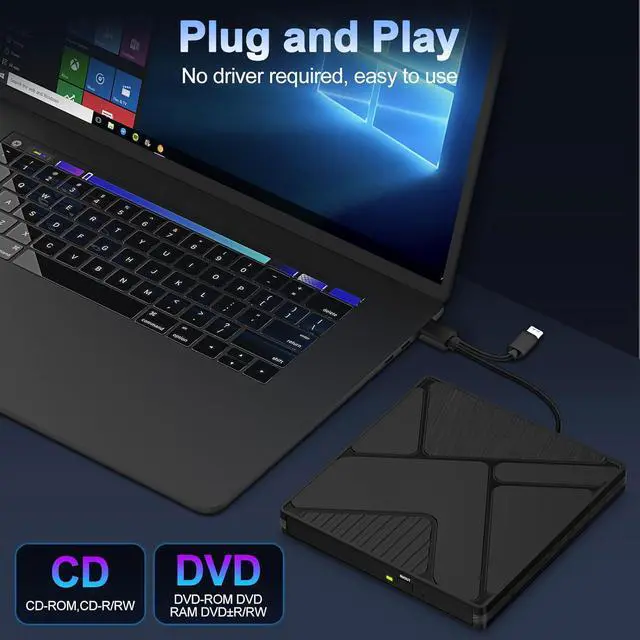 Alt view image 4 of 7 - External CD DVD Drive for Laptop, USB 3.0 &Type-C Portable Slim CD/DVD +/-RW Burner, DVD/CD ROM Rewriter Low Noise Optical External Disk Drive for Desktop PC Windows 11/10/8/7/XP/Vista/Linux, Mac
