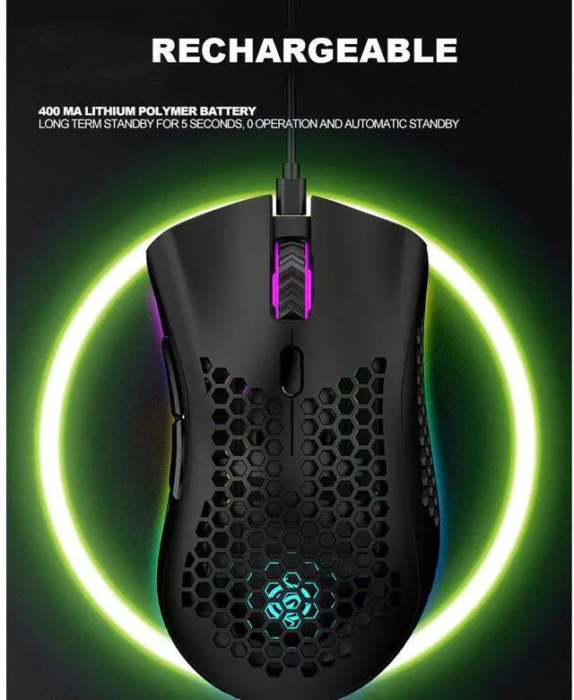Alt view image 3 of 7 - WRIARICH Lightweight Gaming Mouse, Honeycomb Design Rechargeable 2.4G Wireless Gaming Mouse with USB Receiver RGB Backlight Computer Mouse for Laptop PC