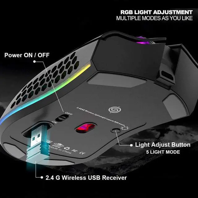 Alt view image 4 of 7 - WRIARICH Lightweight Gaming Mouse, Honeycomb Design Rechargeable 2.4G Wireless Gaming Mouse with USB Receiver RGB Backlight Computer Mouse for Laptop PC