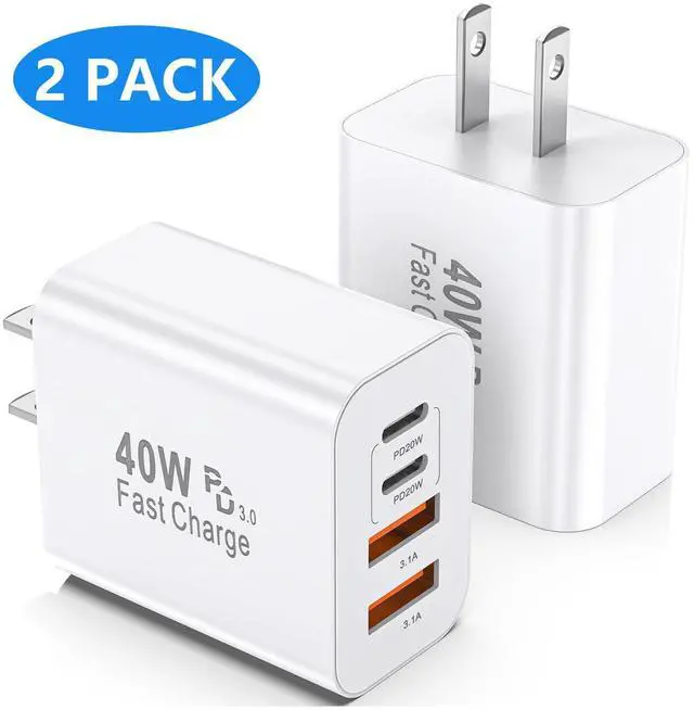 Main image of WRIARICH USB C Charger Block, 2 Pack 40W 4-Port (2 USB C + 2 USB A) USB Charger Fast Charging Multiport PD 3.0 & QC 4.0 Double Quick Charge, Compatible with iPhone, iPad, Android Smartphones etc..