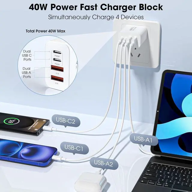 Alt view image 2 of 7 - WRIARICH USB C Charger Block, 2 Pack 40W 4-Port (2 USB C + 2 USB A) USB Charger Fast Charging Multiport PD 3.0 & QC 4.0 Double Quick Charge, Compatible with iPhone, iPad, Android Smartphones etc..