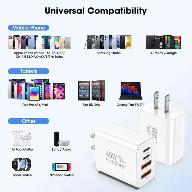 Alt view image 7 of 7 - WRIARICH USB C Charger Block, 2 Pack 40W 4-Port (2 USB C + 2 USB A) USB Charger Fast Charging Multiport PD 3.0 & QC 4.0 Double Quick Charge, Compatible with iPhone, iPad, Android Smartphones etc..