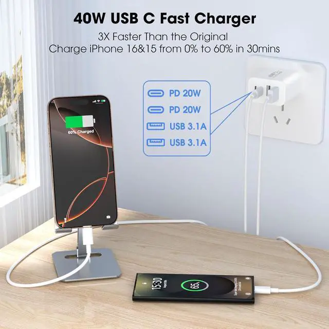 Alt view image 6 of 7 - WRIARICH USB C Charger Block, 2 Pack 40W 4-Port (2 USB C + 2 USB A) USB Charger Fast Charging Multiport PD 3.0 & QC 4.0 Double Quick Charge, Compatible with iPhone, iPad, Android Smartphones etc..