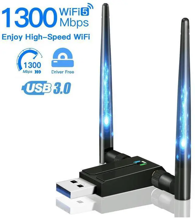 Main image of 1300Mbps WiFi Adapter for Desktop PC, 2×5dBi Antenna USB Wireless Adapter, USB 3.0 WiFi Dongle, 2.4/5GHz USB Network Adapter, AC1300 Wireless Adapter for WIN 10/8/8.1/7/XP/Vista, Linux, Mac OS
