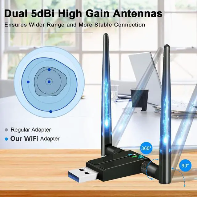 Alt view image 4 of 7 - 1300Mbps WiFi Adapter for Desktop PC, 2×5dBi Antenna USB Wireless Adapter, USB 3.0 WiFi Dongle, 2.4/5GHz USB Network Adapter, AC1300 Wireless Adapter for WIN 10/8/8.1/7/XP/Vista, Linux, Mac OS