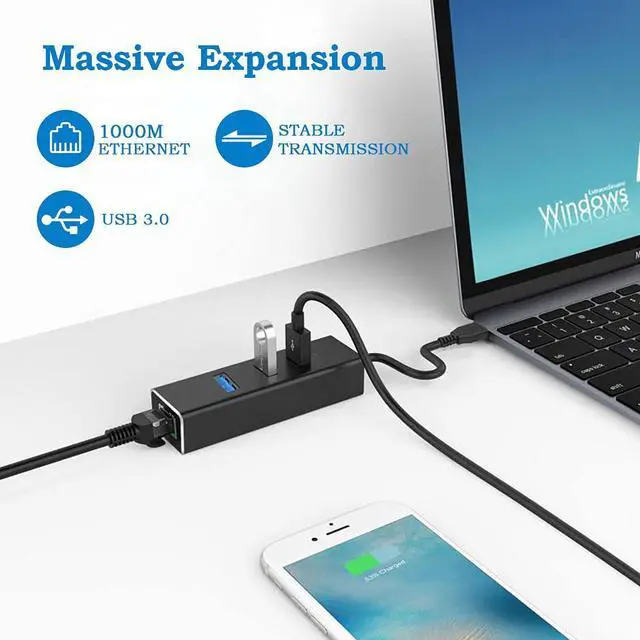 Alt view image 7 of 7 - WRIARICH USB to Ethernet Adapter, Aluminum USB HUB with 3 USB 3.0 Ports and 1000Mbps RJ45 Gigabit Network LAN Port, USB HUB with Type C Adapter for Windows 7/8/8.1/10, Linux, Mac OS X, Vista, PC, etc