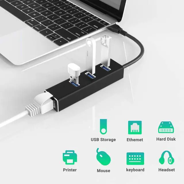 Alt view image 3 of 7 - WRIARICH USB 3.0 to Ethernet Adapter, 3 Ports USB 3.0 Hub with 10/100/1000Mbps LAN RJ45 Gigabit Network Adapter, Supports Windows 10/8/7, Mac OS, Linux