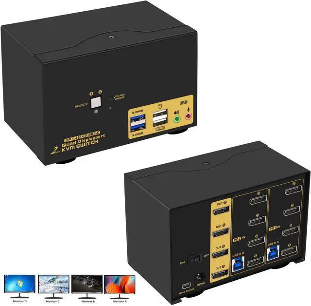 Main image of WRIARICH 2 Port Displayport USB 3.0 KVM Switch 2 Computers 4 Monitors DisplayPort 1.4 4K@144Hz 8K@30Hz for 2 Computers, PC Screen Keyboard Mouse Peripheral Audio Sharing Selector Box, with All Cables