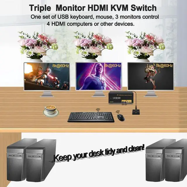Alt view image 4 of 4 - USB 3.0 Triple Display KVM Switch, 4 Ports HDMI 2.1 8K@60Hz 4K@120Hz KVM Switches for 3 Monitors 4 Computers, with 4 USB 3.0 Ports, Supports EDID Emulation, Hotkey, Audio and Microphone Output