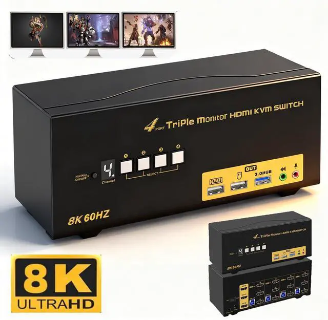 Main image of USB 3.0 Triple Display KVM Switch, 4 Ports HDMI 2.1 8K@60Hz 4K@120Hz KVM Switches for 3 Monitors 4 Computers, with 4 USB 3.0 Ports, Supports EDID Emulation, Hotkey, Audio and Microphone Output