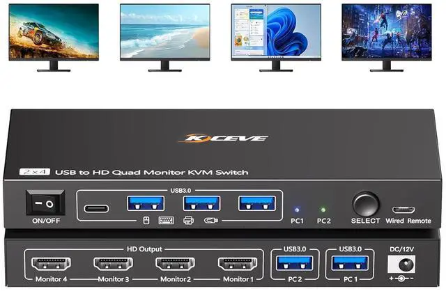 Main image of Quad Monitor KVM Switch 4 Monitors 2 Computers 1080P@60Hz,USB3.0 KVM Switch Quad Monitor for 2 PC Share 4 Monitors&4 USB Devices, with Wired Remote&2 USB Cables, Driver Installation is Required