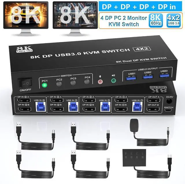 Main image of WRIARICH 8K@60Hz Displayport USB 3.0 KVM Switchfor 4 Computers 2 Monitors 4K@144Hz, DP1.4 Dual Monitor Displayport KVM Switch 4 Port with Audio Output and 3 USB 3.0, 8K DP Monitor Switch for 4 PCs