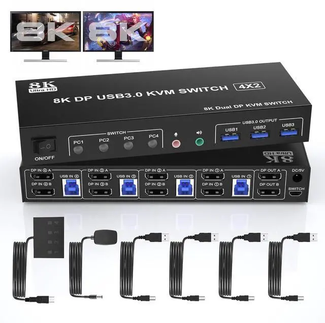 Main image of WRIARICH 8K@60Hz Displayport USB 3.0 KVM Switch 2 Monitors for 4 Computers, DP1.4 KVM Switch 4 Port with Audio Microphone Output and 3 USB 3.0 Ports, 8K DP Monitor KVM Switch for 4 PCs 2 Monitors