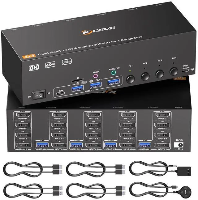 Main image of WRIARICH KVM Switch 4 Monitors 4 Computers, HDMI + 3 DisplayPort Quad Monitor KVM Switches, 8K@30Hz/4k@144Hz KVM Switch for 4 PC Share 4 Displays and 4 USB 3.0 Devices, Support Extended/Copy Mode