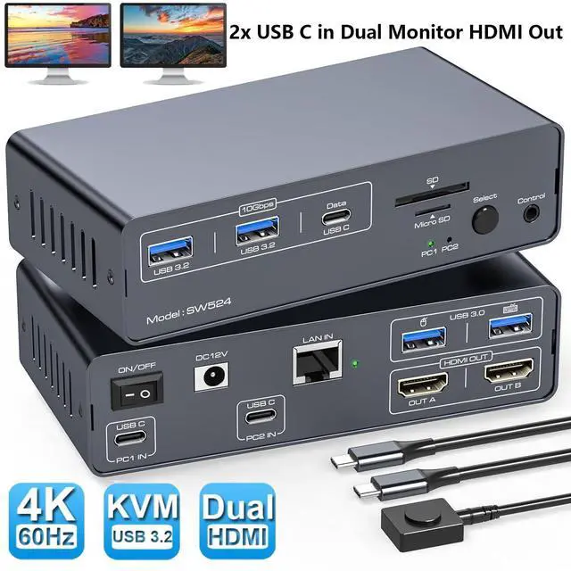 Main image of WRIARICH USB C Docking Station with KVM Switch 2 Monitors 2 Computers 4K@60Hz HDMI EDID KVM Switches Dual Monitor for 2 Mac or Laptops Share a 1G Ethernet 5 USB A/C Devices and SD/micro SD Card Slots