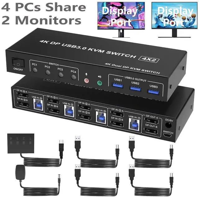 Main image of USB 3.0 Displayport KVM Switch for 4 Computers 2 Monitors
4K 60Hz, Dual Monitor Displayport KVM Switch 4 Port with Audio Microphone Output and 3 USB 3.0 Ports, DP Monitor Switch for 4 PCs 2 Monitors