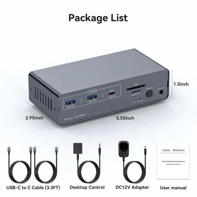 Alt view image 4 of 4 - WRIARICH USB C Docking Station with KVM Switch 2 Monitors 2 Computers 4K@60Hz HDMI EDID KVM Switches Dual Monitor for 2 Mac or Laptops Share a 1G Ethernet 5 USB A/C Devices and SD/micro SD Card Slots